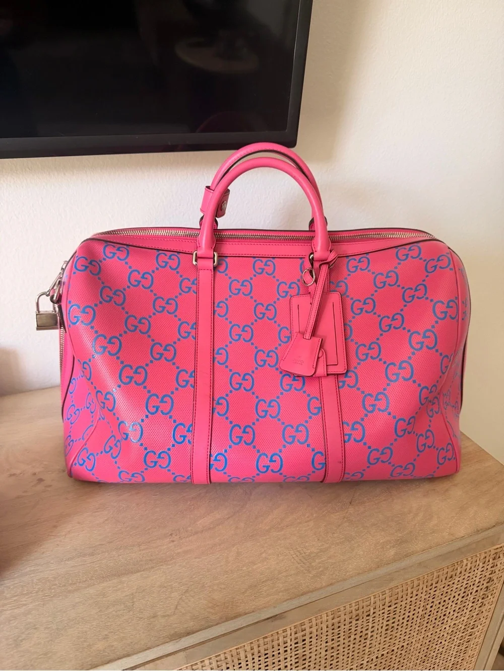Gucci embossed Pink and Blue GG Supreme Weekender Duffel Bag